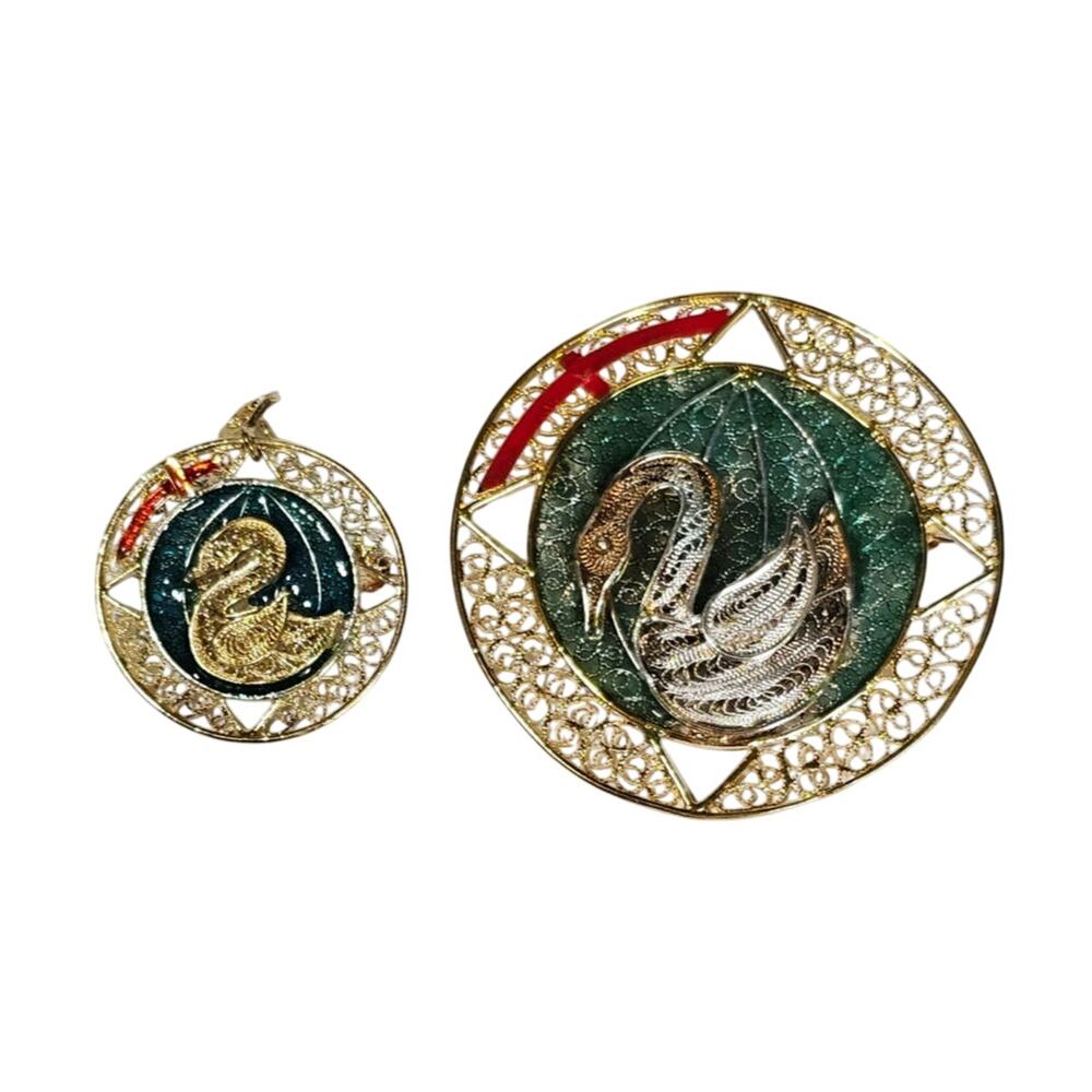 Vintage Italian .800 Silver Enamel Swan Pendant & Brooch Set